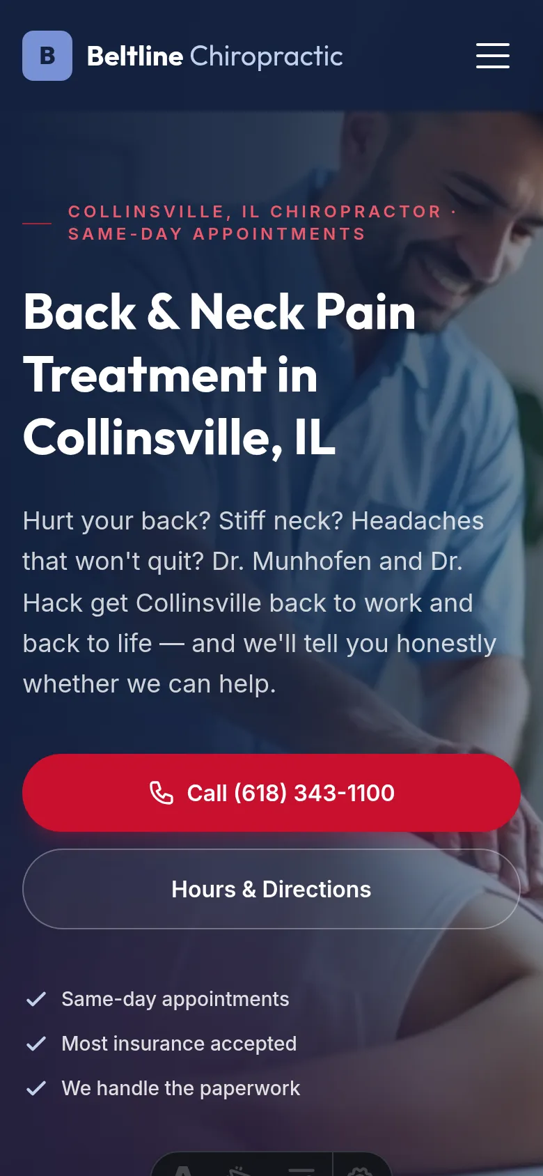 Beltline Chiropractic homepage as it first loads on a phone