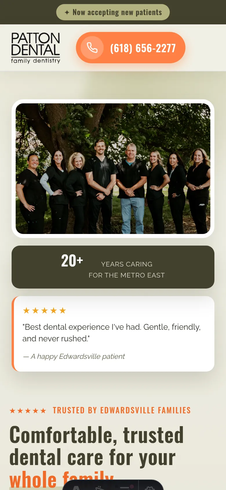 Patton Dental homepage as it first loads on a phone